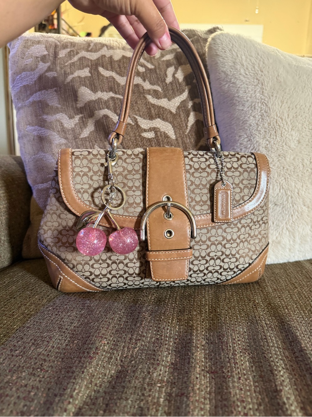 Coach Brown Signature Canvas Satchel with Tan Leather Trim Cherries not included